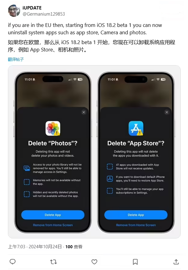 荣成苹果手机维修分享iOS 18.2 支持删除 App Store 应用商店 