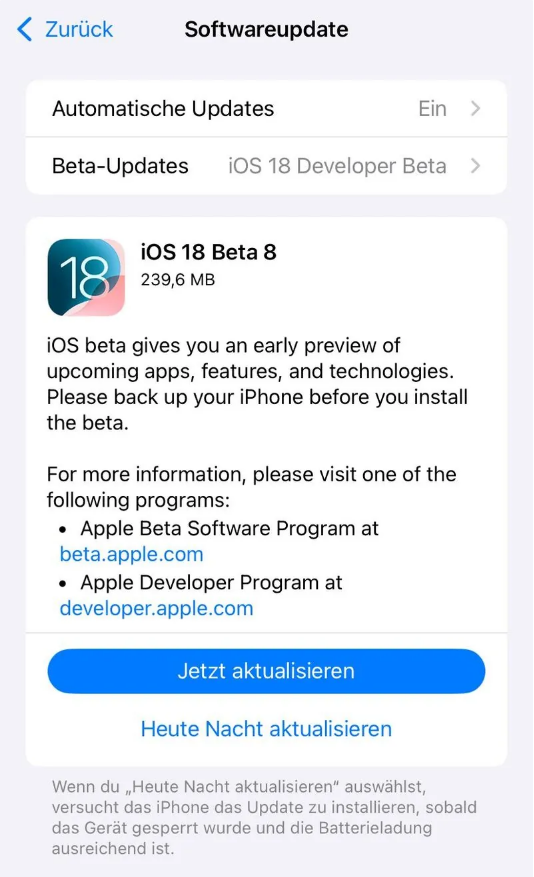 荣成苹果手机维修分享苹果 iOS / iPadOS 18 开发者预览版 Beta 8 发布 